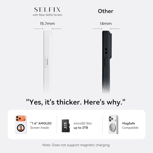selfix Selfie Case for iPhone 17 Pro Max, Rear Camera Selfies with 1.6” AMOLED Touchscreen, MagSafe Compatible Phone Case with 2TB Expandable Storage & 45W USB-C Charging, Satin White — view 6