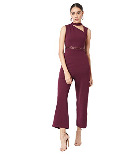 Miss Chase Women's Wine Red Sleeveless Solid Asymmetric Neck Cut-Out Regular Length Jumpsuit