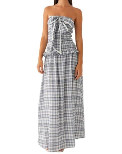 Image of Women Floral Print Maxi Tube Dress Strapless Flowy Long Bandeau Dress Y2K Open Back Sundress Summer Beachwear