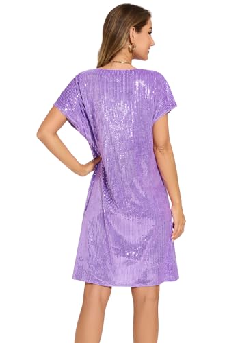 Image of Women's Crewneck Sequin Shift Dress Short Sleeve Casual Holiday Sparkly Party Dress