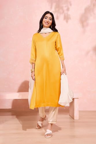 Image of Taneira Women Dark Yellow Viscose Embroidered Kurta Set
