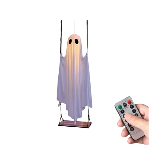 Halloween Decorations Outdoor - 5 FT Large Hanging Swing Ghost Halloween Decor with String Lights Spooky Cute Ghosts Decorations for Front Porch Yard Tree