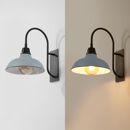 Image of JONATHAN Y 12.25 inch Matte Silver 1-Light Blue /Black Farmhouse Gooseneck Outdoor Wall Sconce Lamp, with Black Metal Bowl Shade, Industrial Iron LED Porch Light for Patio Garage Entryway (JYL7614K)