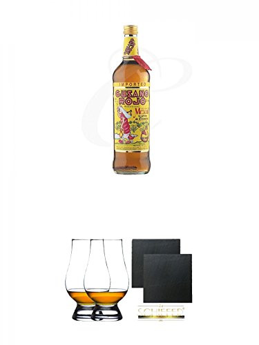 Gusano Rojo Mezcal mit Wurm in der Flasche 0 7 Liter + The Glencairn Glas Stölzle 2 Stück + Schiefer Glasuntersetzer eckig ca. 9 5 cm Ø 2 Stück