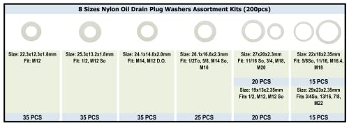 Image of 200PCS 8 Sizes Nylon Oil Drain Plug Gaskets, Washer Assortment Kits Fit M12 M14 M16 M18, M20