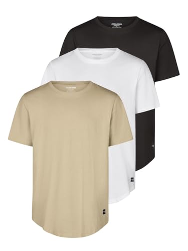 JACK & JONES Tshirt Herren lang geschnitten Set 100% Bio-Baumwolle Regular Fit JJENOA 3er Pack Rundhals Kurzarm Sommer Organic Basic Tee Shirt, Größe:L, Farbe:Pack 1 (Black/White/Crockery)