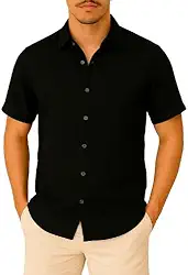 Camisa de Linho Manga curta Social Verão Fresca Gola Italiana Elegante em Visco-Linho