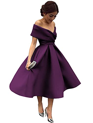 POMUYOO Women's Off The Shoulder Short Homecoming Dress Satin Simple Bridesmaid Prom Gown with Pockets YG204