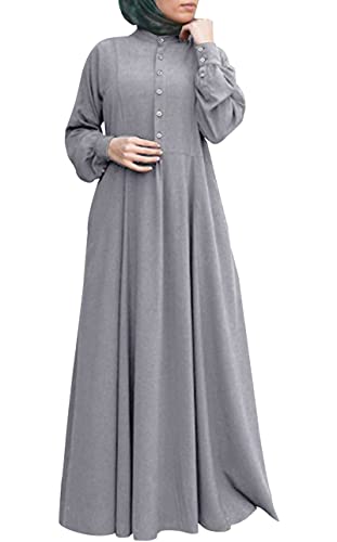 Abetteric Women's Kaftan Abayas Muslim Dress Long Sleeve Islamic Robe Button Up Maxi Dress Grey L