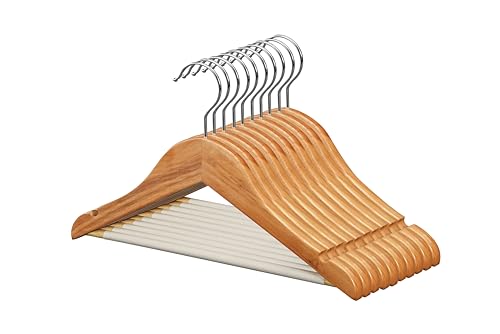 Image of Happy To Hang Timber Wooden Hangers | Premium Wooden Hanger Set with Non-Slip Bar & 360 Swivel Chrome Hook | Heavy-Duty Cloth Hangers for Shirts, Suits, Sarees & Wardrobe Storage | Pack of 10