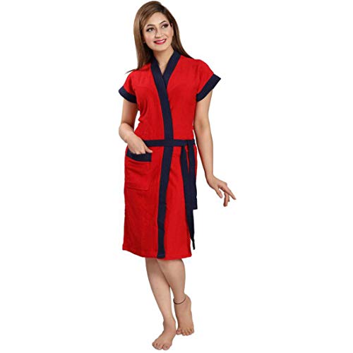 Image of bathrobes terry cotton free size bathrobe for women, bathsuit fit up to 42 inches chest size ladies - Navy Strips Red bathrobe