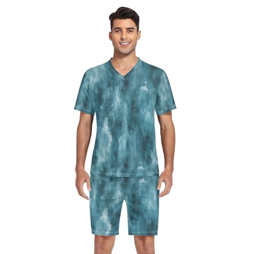 Dark Green Print Men’s Pajama Sets Short Sleeve Lounge Wear with Elastic Waistband and Drawstring4