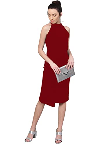 Image of Shasmi Women's Comfortable Red Halter Neck Sleeveless Solid Midi Bodycon Casual Western Stylish Dress