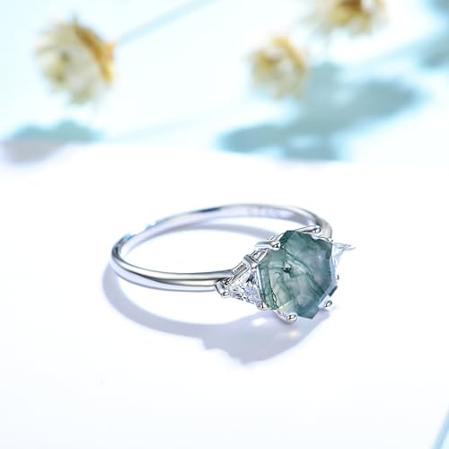 1.5ct Natural Moss Agate Ring Sterling Silver Hexagon Shaped Engagement Ring Green Agate Promise Wedding Rings for Women3