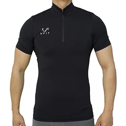 Camiseta compresión Hombre Manga Corta con Cremallera Deportiva Fitness (S, Negro)