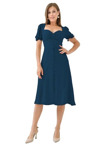 Image of Shasmi Girl's & Women's Solid Midi Dress - Elegant Square Neck Button-Down Dress with Puff Short Sleeves | Stylish Casual & Party & Office Wear Outfit (Dress 105)