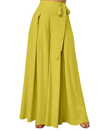 SEMATOMALA Women's Side Knot Tie Waist Wide Leg Long Pants Pleated High Waist Full Length Elegant Work Wear Palazzo Pants