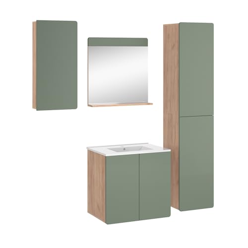 Vicco Conjunto de Muebles de baño Izan, Goldkraft Roble/Verde, 5 Piezas con Mueble Alto y Alto