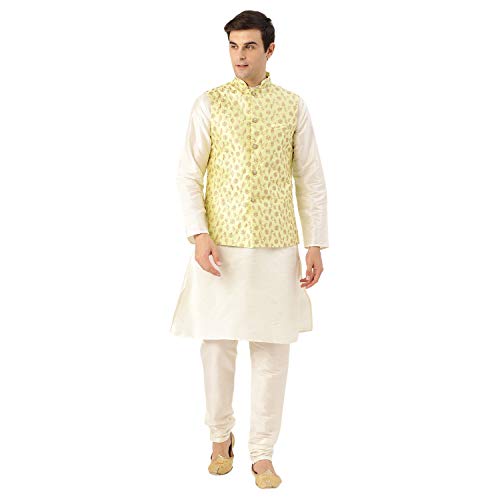 Image of SOJANYA (Since 1958 Men's Cotton Linen Maroon Kurta and White Pyjama with Mustard Cotton Nehru Jacket