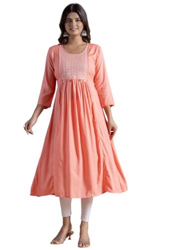 Image of rangita Peach Rayon Flared Embroidered Calf Length Kurta