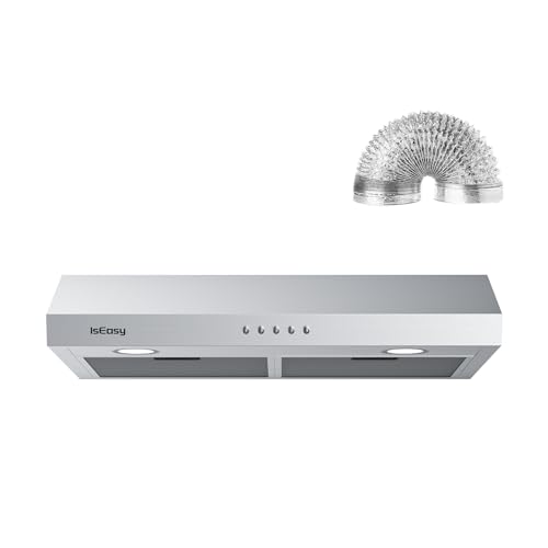 Range Hood 30 Inch, IsEasy Under Cabinet Range Hood, Ducted/Ductless Convertible, Kitchen Vent Hood 30 Inch with 3-Speed Exhaust Fan, Stainless Steel, Reusable Filters, LED Light and Charcoal Filter