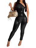 Uni Clau Womens Sexy One Shoulder Y2k jumpsuit Sleeveless Metallic Sparkly Skinny Cocktail Party One Piece Romper Black L