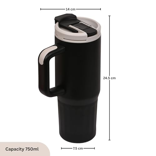 Image of FLAIR Vogue Vacuum Insulated Stainless Steel 750 ml Tumbler with Handle | 2-in-1 Lid with Flip Straw & Sip Spout -Black | Hot & Cold Beverage Mug | Leak Resistant