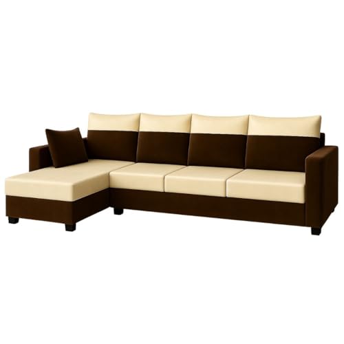 Image of FURNY Arissa 6 Seater Fabric LHS L Shape Sofa Set (Cream-Dark Brown) Premium Velvet Finish | Durable Comfort | Ideal for Living Room