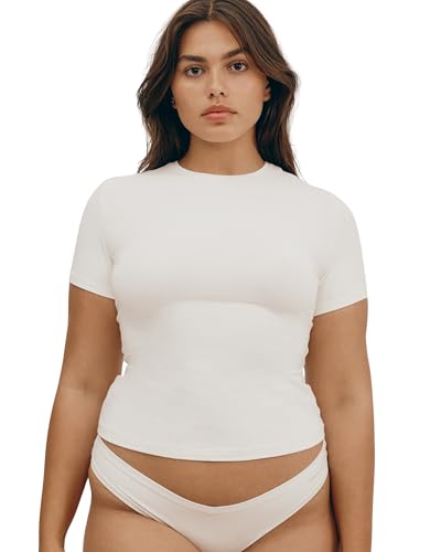 Organic Basics Women's Flex Short Sleeve Cotton T-Shirt, Off White, Medium
