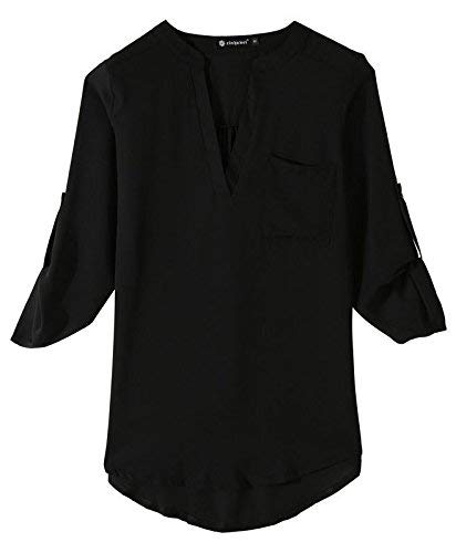 Evelust Women's Roll Tab Sleeve Tunic - Perfect Long For Leggings Shirt Cute Versatile Top Notch V Neck Plus Size Blouse(Black,M,001E) #TOP5