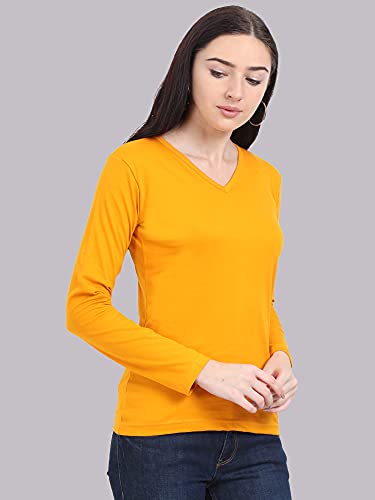 Image of FLEXIMAA Women's Cotton Plain V Neck Full Sleeve T-Shirt