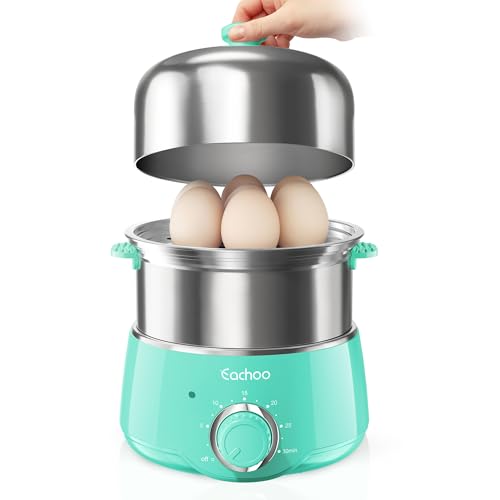 Hard Boiled Egg Cooker - CACHOO 14-Egg Rapid Stainless Steel Egg Boiler with 30-Min Timer & Auto Shut Off, Compact Electric Vegetable Steamer for Cooking, Dishwasher Safe, Aqua