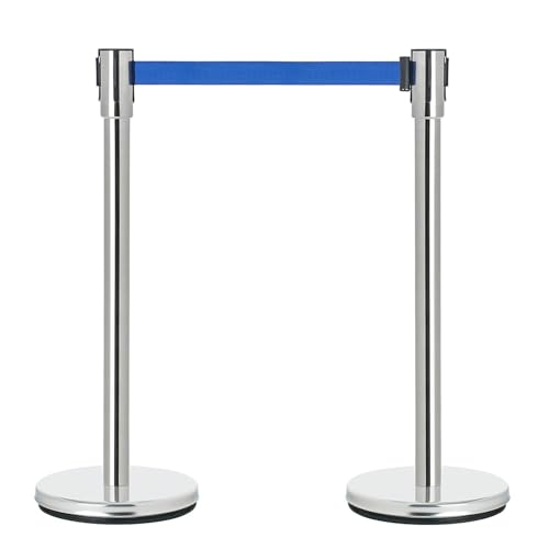 Image of DuraSteel Chrome Crowd Control Barriers Stanchions with Retractable Belts - Metal Stanchion Posts w / 6.5ft Blue Retractable Barrier Belt Ropes - Queue VIP Safety Line Dividers - Set of 2 Stantions