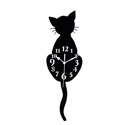 VALINK Reloj de pared creativo de dibujos animados con diseño de gato, acrílico con péndulo de cola oscilante para sala de estar, dormitorio, cocina