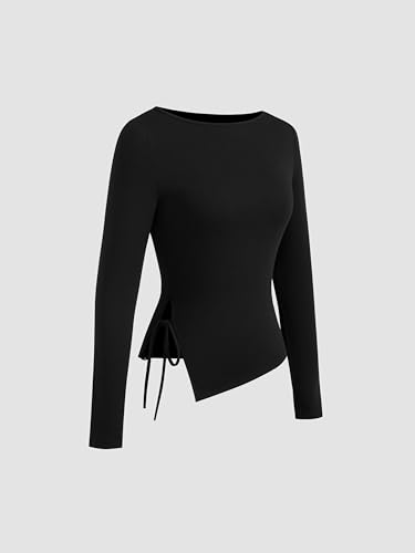 CIDER Langarmshirts Damen U-Boot-Ausschnitt Basic Oberteil Figurbetont Geknotet T-Shirt Slim Fit U-Boot Ausschnitt Tops2