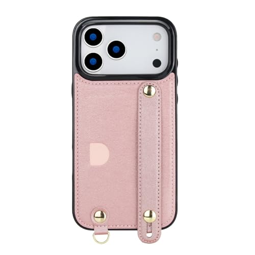 Coque silicone iPhone 17 Pro rose gold avec cordon bandoulière et porte-carte intégré