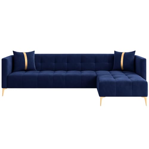 Image of FURNY Styliving 6 Seater Fabric RHS L Shape Sofa Set (Blue) with Golden Finish Legs | Durable & Comfortable | Ideal for Living Room