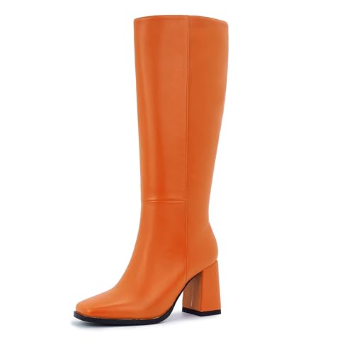 Image of Knee High Boots for Women - Wide Calf Boots with Zipper, Square Toe Tall Leather Boots, Chunky Heel Fashion Long Boots