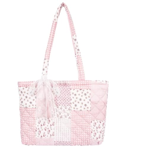 shiprabags Quilted Small Tote Bag for Women Lightweight Floral Shoulder Bag Soft College Travel Work Bag Everyday Purse (pink patchwork M)