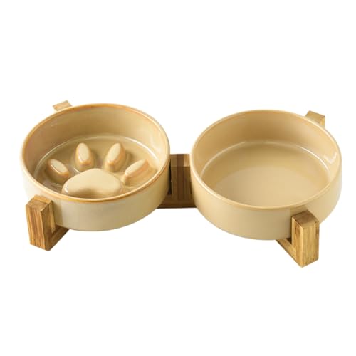 Hangkaibh 【Hangkaibh】 猫 ご飯皿 小型犬 早食い防止 陶器 猫 食器 木製ボウルラック 取り外し可能 お手入れ簡単(茶色)