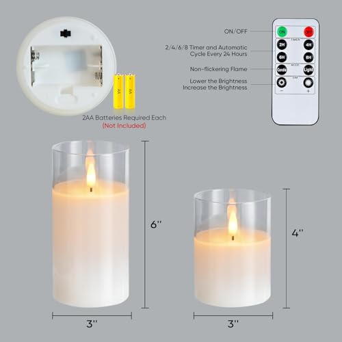 Image of Amagic 3 inchx4 inch6 inch Clear Glass Flameless Candles Battery Operated with Timer, Remote Control, LED Pillar Candles, Battery Powered, Valentine's Day Decor, Pure White Wax, Set of 2