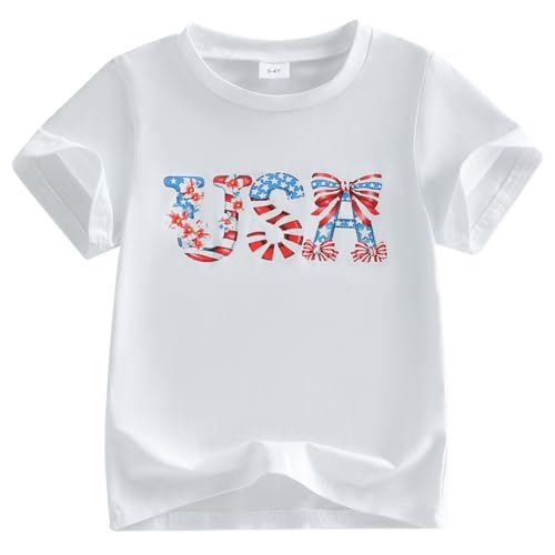 Image of Kids Toddler Girls 4th of July T-Shirt Coquette Bowknot Patriotic USA 250 American Flag Independence Day Top