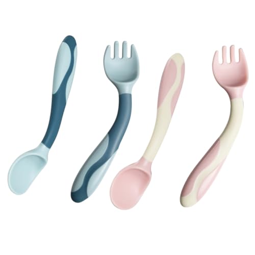 BRIGHTFUFU 2Sets Forks and Spoons for Self Feeding Flexible Utensils for Comfortable Grip Easy to Hold for Young