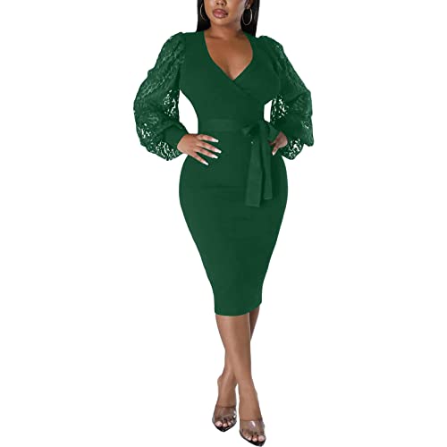 Image of BOGURST Semi Formal Church Dresses for Women Bishop Sleeve Sexy V Neck Bodycon Midi Dresses