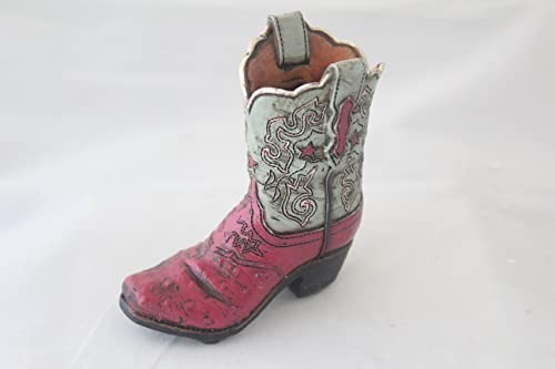 Western Rustic Texas Cowboy Cowgirl Hand Tooled Leather Look Hand Painted Boot Vase Pencil Pen Makeup Brushes/Tools Holder (Blue/Hot Pink) #TOP3
