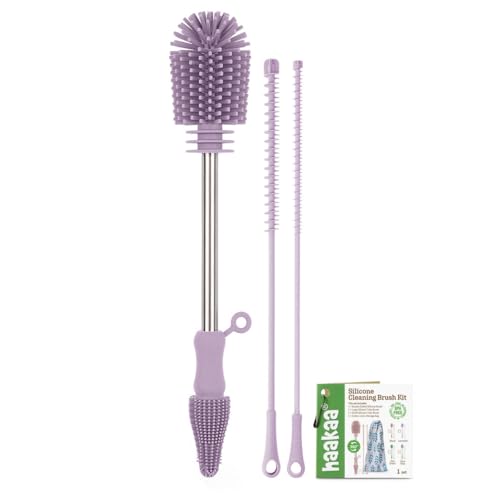 Image of haakaa Silicone Cleaning Brush Kit - Baby Bottle Brush Cleaner for Breast Pump,Nipple,Breast Milk Storage Bag,Reusable Straw,Sippy Cup - Food Grade Silicone Bristles, Portable - 3 Pcs - Lavender