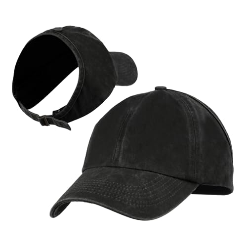 TOPTIE Casquette de Baseball en Coton lavé pour Queue de Cheval pour Femme, Casquette Dos Nu Chignon désordonné Cheveux bouclés