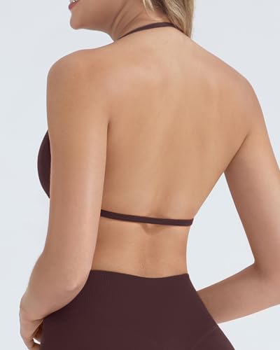 Image of OMKAGI Halter Sports Bras for Women Padded Strappy Bra Open Back Workout Gym Crop