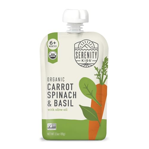 Image of Serenity Kids Organic Baby Food Pouch, Veggie Puree, No Added Sugar, 3.5 Oz | No Added Sugar, USDA Organic, Savory Carrot Spinach & Basil, Allergen-Free, Easy-Recycle, Baby Pouches