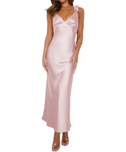 Image of Phicia Summer Satin Spaghetti Strap V Neck Midi Dresses for Women Wedding Guest Elegant Flower Backless Cocktail Formal Dress